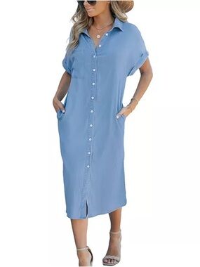Cupshe Blue Button Down Midi Shirt Dress Size Large Short Sleeve
